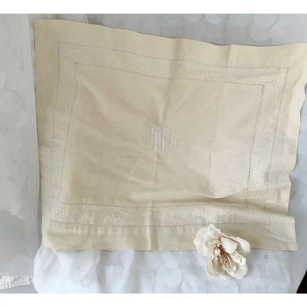 Vintage Pottery Barn Linen Cotton Pillow Shams Ecru Beige embroidered monogram